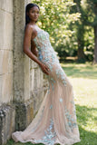 Champagne Mermaid Appliqued Spaghetti Straps Long Prom Dress
