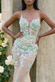 Champagne Mermaid Appliqued Spaghetti Straps Long Prom Dress