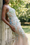 Champagne Mermaid Appliqued Spaghetti Straps Long Prom Dress