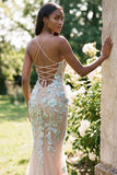 Champagne Mermaid Appliqued Spaghetti Straps Long Prom Dress