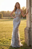 Silver High Neck Appliqued Mermaid Cut Out Long Prom Dress