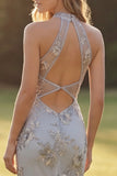 Silver High Neck Appliqued Mermaid Cut Out Long Prom Dress