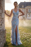 Light Blue Floral Applique V Neck Mermaid Long Prom Dress with Slit