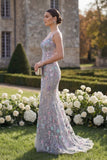 Apricot Flower Mermaid Embroidered Long Prom Dress