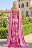 Fuchsia A Line Floral Long Wedding Guest Dress with Draped Cape