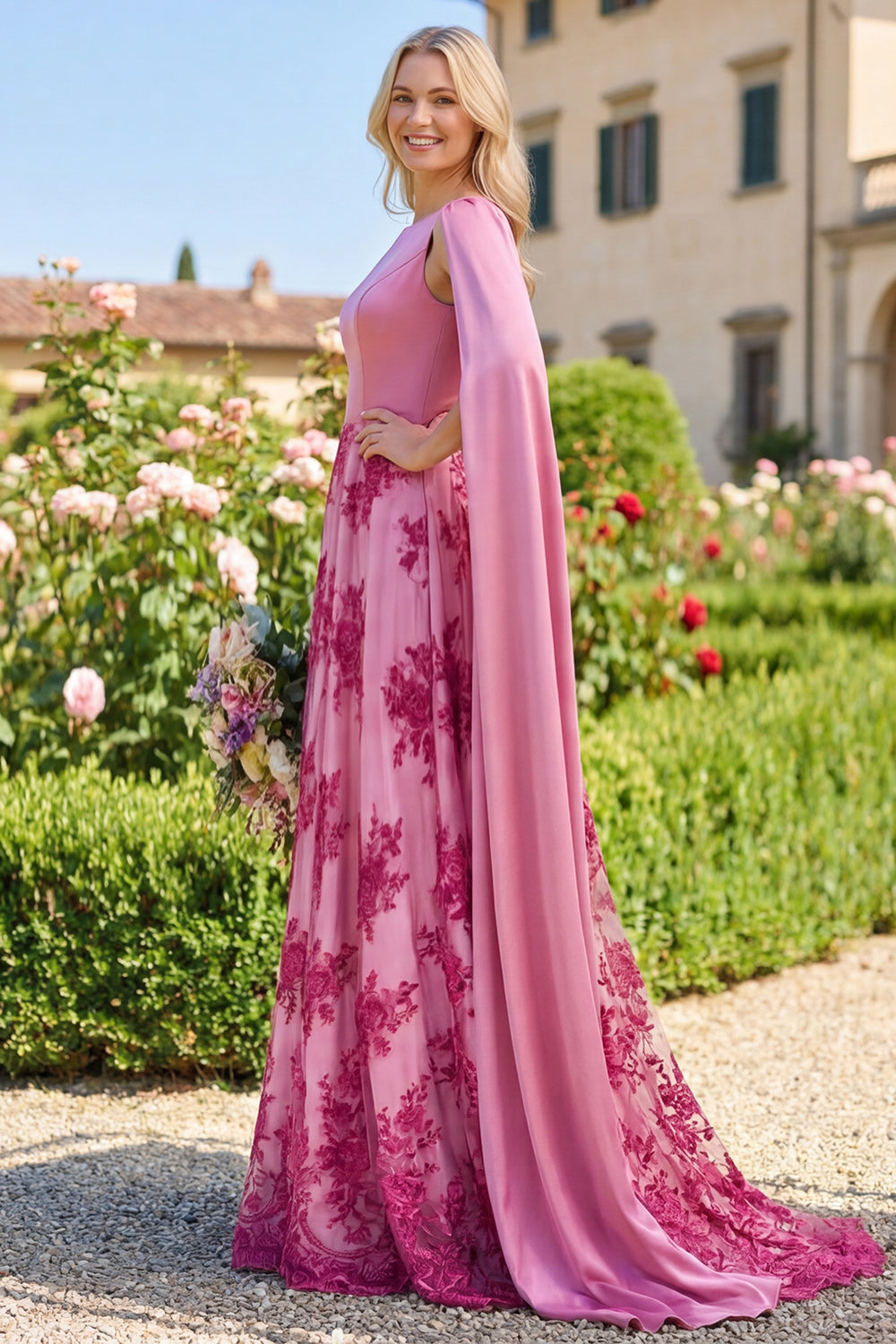 WEDTREND Women Fcuhsia A Line Wedding Guest Dress with Draped Cape Floral  Long Party Dress with Lace Up Back
