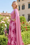 Fuchsia A Line Floral Long Wedding Guest Dress with Draped Cape