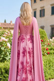 Fuchsia A Line Floral Long Wedding Guest Dress with Draped Cape