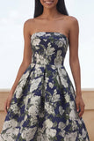 Floral Blue Strapless A Line Wedding Guest Dress
