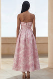 Floral Blue Strapless A Line Wedding Guest Dress