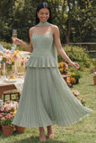 Strapless Pleated A Line Dusty Sage Wedding Guest Dress with Sash