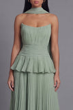 Strapless Pleated A Line Dusty Sage Wedding Guest Dress with Sash