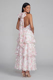 Blue Halter A Line Tiered Floral Wedding Guest Dress