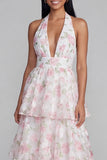 Blue Halter A Line Tiered Floral Wedding Guest Dress