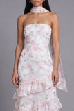 Pink Floral Ruffle Strapless Wedding Guest Dress with Sash