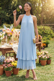 Halter Pleated A Line Sky Blue Wedding Guest Dress