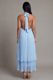 Halter Pleated A Line Sky Blue Wedding Guest Dress