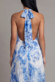 Halter Pleated A Line Sky Blue Wedding Guest Dress