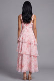 Floral Pink Tiered A Line V Neck Wedding Guest Dress