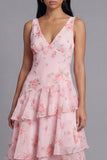 Floral Pink Tiered A Line V Neck Wedding Guest Dress
