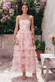 Strapless A Line Tiered Floral Pink Wedding Guest Dress