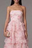 Strapless A Line Tiered Floral Pink Wedding Guest Dress