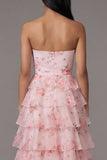 Strapless A Line Tiered Floral Pink Wedding Guest Dress