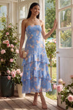 Floral Blue Strapless Tiered A Line Wedding Guest Dress
