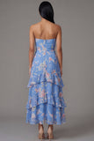 Floral Blue Strapless Tiered A Line Wedding Guest Dress
