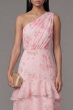 One Shoulder Floral Tiered A Line Pink Wedding Guest Dress