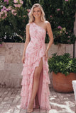 Floral Pink Tiered One Shoulder Wedding Guest Dress with Slit