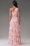Floral Pink Tiered One Shoulder Wedding Guest Dress with Slit
