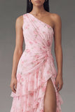 Floral Pink Tiered One Shoulder Wedding Guest Dress with Slit