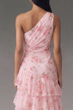 Floral Pink Tiered One Shoulder Wedding Guest Dress with Slit