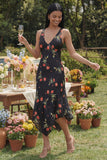 Black Floral Printed A Line V Neck Midi Wedding Guest Dress