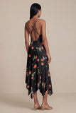 Black Floral Printed A Line V Neck Midi Wedding Guest Dress
