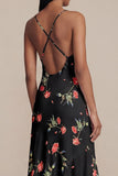 Black Floral Printed A Line V Neck Midi Wedding Guest Dress