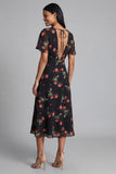 Floral Printed A Line Black Wedding Guest Dress with Short Sleeves