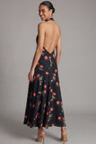 Halter Printed A Line Backless Black Wedding Guest Dress
