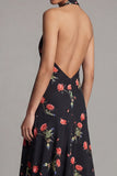 Halter Printed A Line Backless Black Wedding Guest Dress