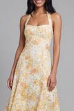 Floral Halter A Line Yellow Wedding Guest Dress