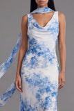 Blue Floral Cowl Neck Wedding Guest Dress with Sash