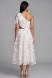 One Shoulder Bowed Cut Out Floral Pink Wedding Guest Dress