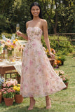 Strapless Sequin Pink Floral Wedding Guest Dress