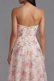 Strapless Sequin Pink Floral Wedding Guest Dress
