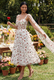 Ivory Floral Corset A Line Midi Wedding Guest Dress with Streamer