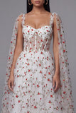 Ivory Floral Corset A Line Midi Wedding Guest Dress with Streamer