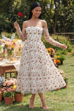 Off the Shoulder Ivory Floral A Line Wedding Guest Dress