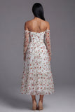 Off the Shoulder Ivory Floral A Line Wedding Guest Dress