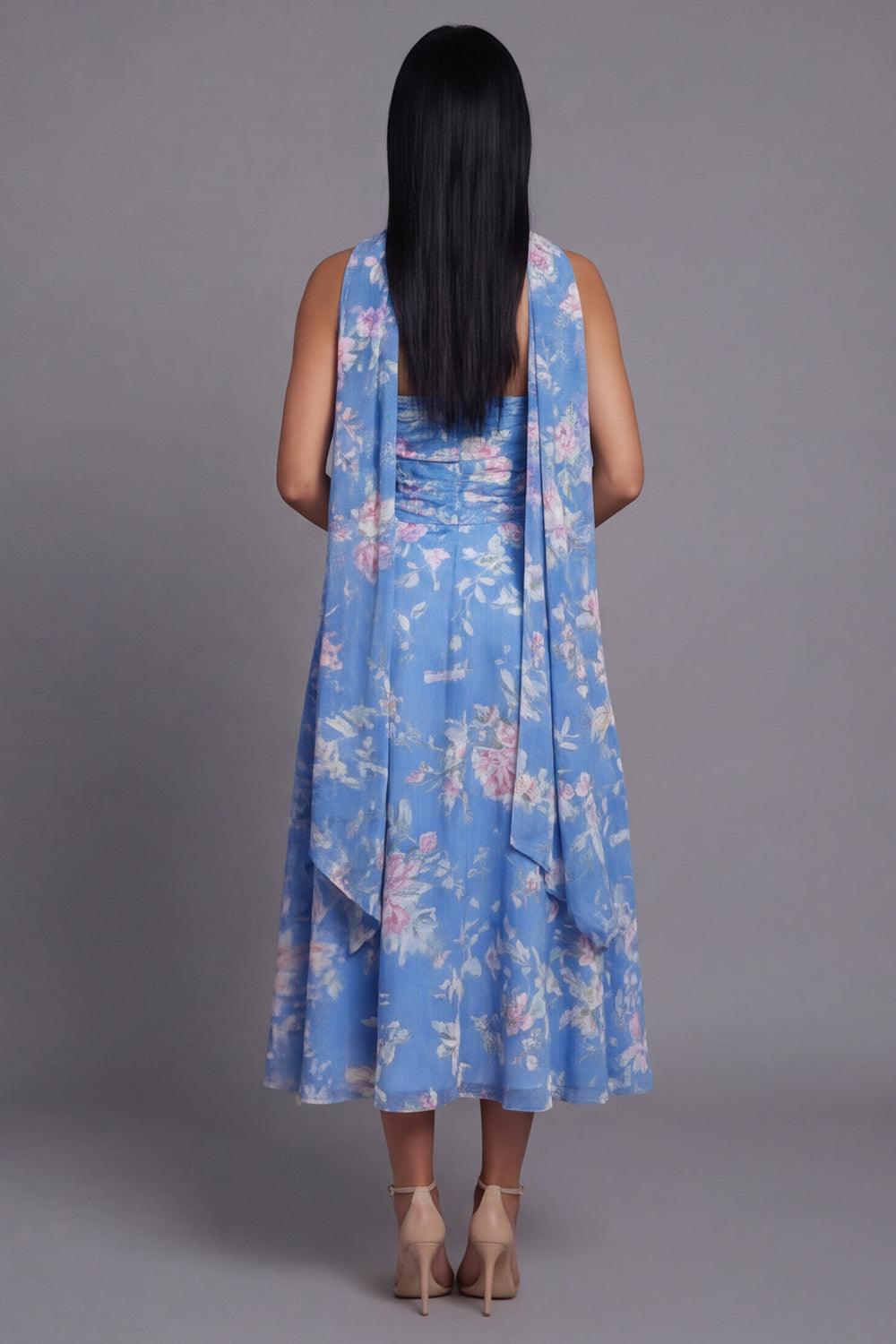 Wedtrend Women Strapless Floral Wedding Guest Dress Blue Ruched A Line
